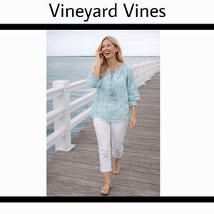 Vineyard Vines Tropical Palm Top Womens XS Blue White Long Sleeve